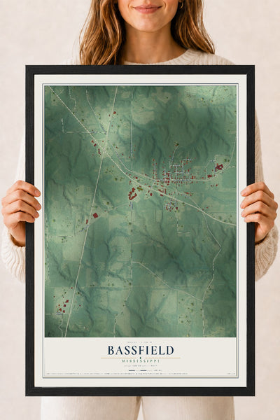 Map of Bassfield, Mississippi, 18 x 24 inch print in a black wood frame