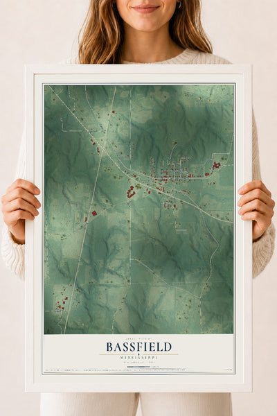 Map of Bassfield, Mississippi, 18 x 24 inch print in a white wood frame