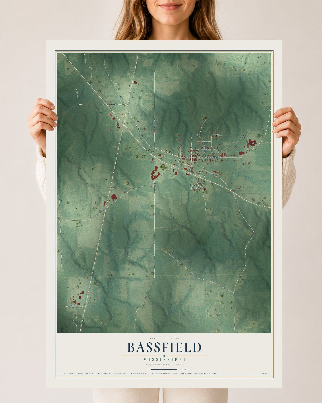 Map of Bassfield, Mississippi, 24 x 36 inch unframed archival matte print