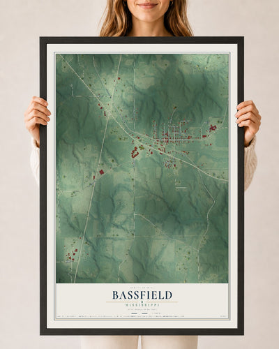 Map of Bassfield, Mississippi, 24 x 36 inch print in a black wood frame
