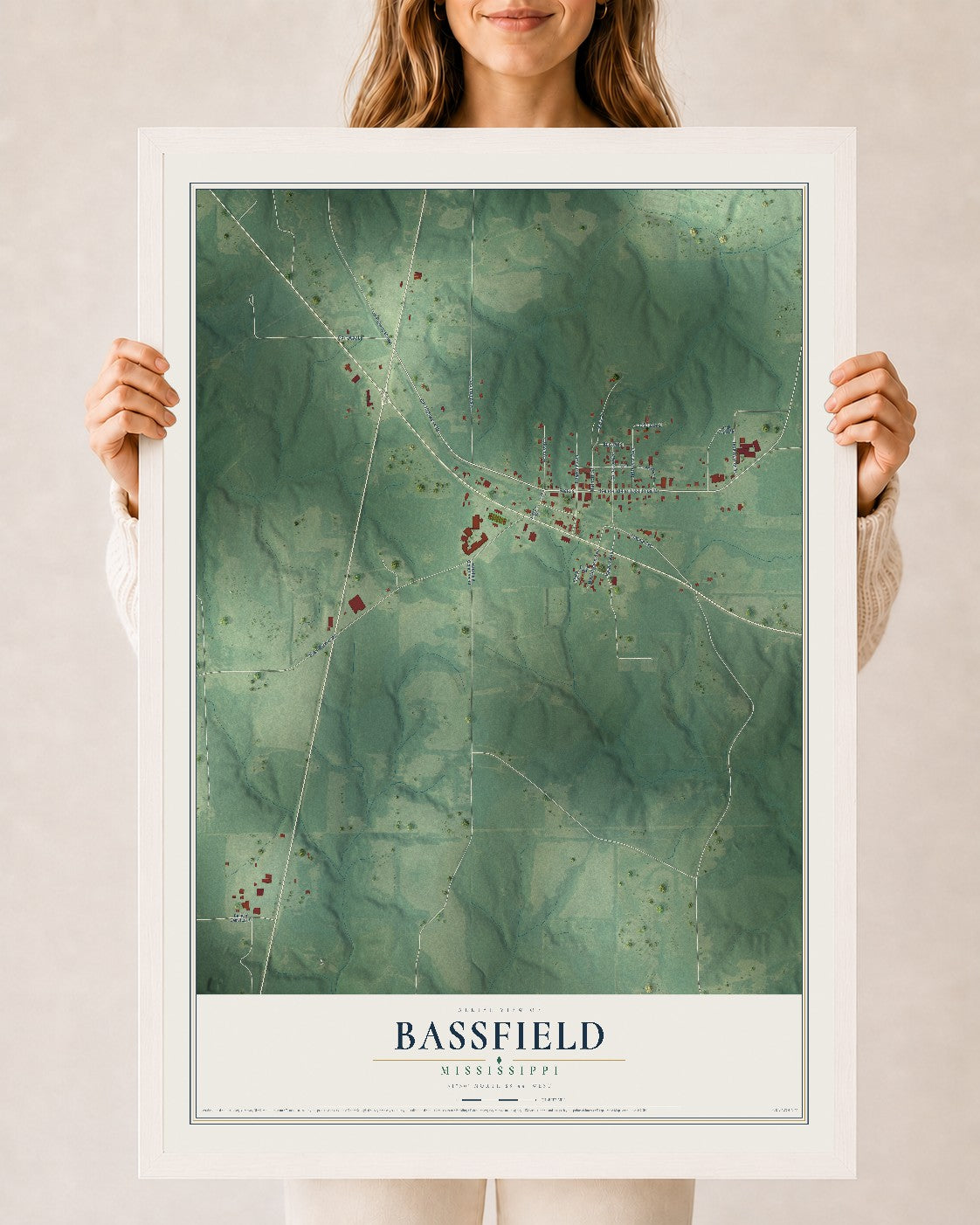 Map of Bassfield, Mississippi, 24 x 36 inch print in a white wood frame