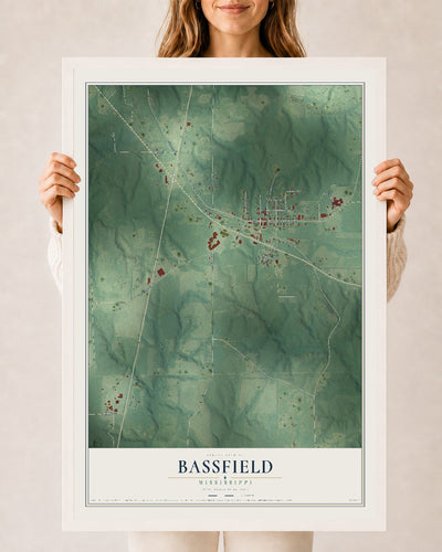 Map of Bassfield, Mississippi, 24 x 36 inch print in a white wood frame