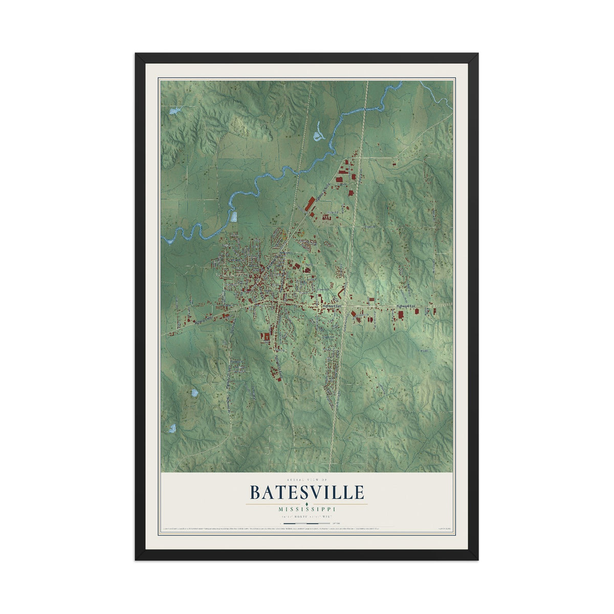 Map of Batesville, Mississippi, 12 x 18 inch print in a black wood frame