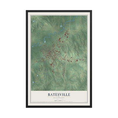 Map of Batesville, Mississippi, 12 x 18 inch print in a black wood frame