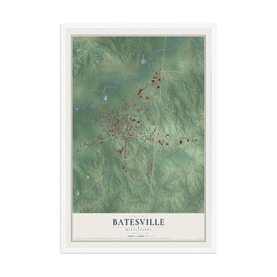 Map of Batesville, Mississippi, 12 x 18 inch print in a white wood frame