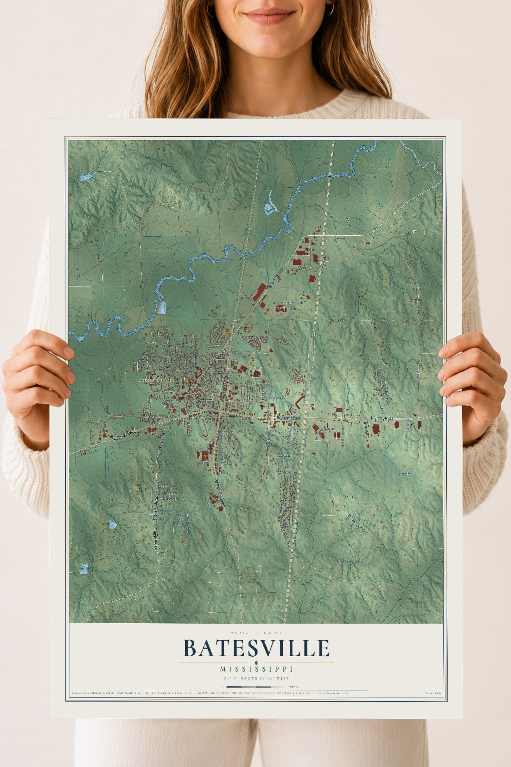 Map of Batesville, Mississippi, 18 x 24 inch unframed archival matte print