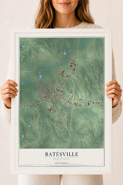 Map of Batesville, Mississippi, 18 x 24 inch print in a white wood frame