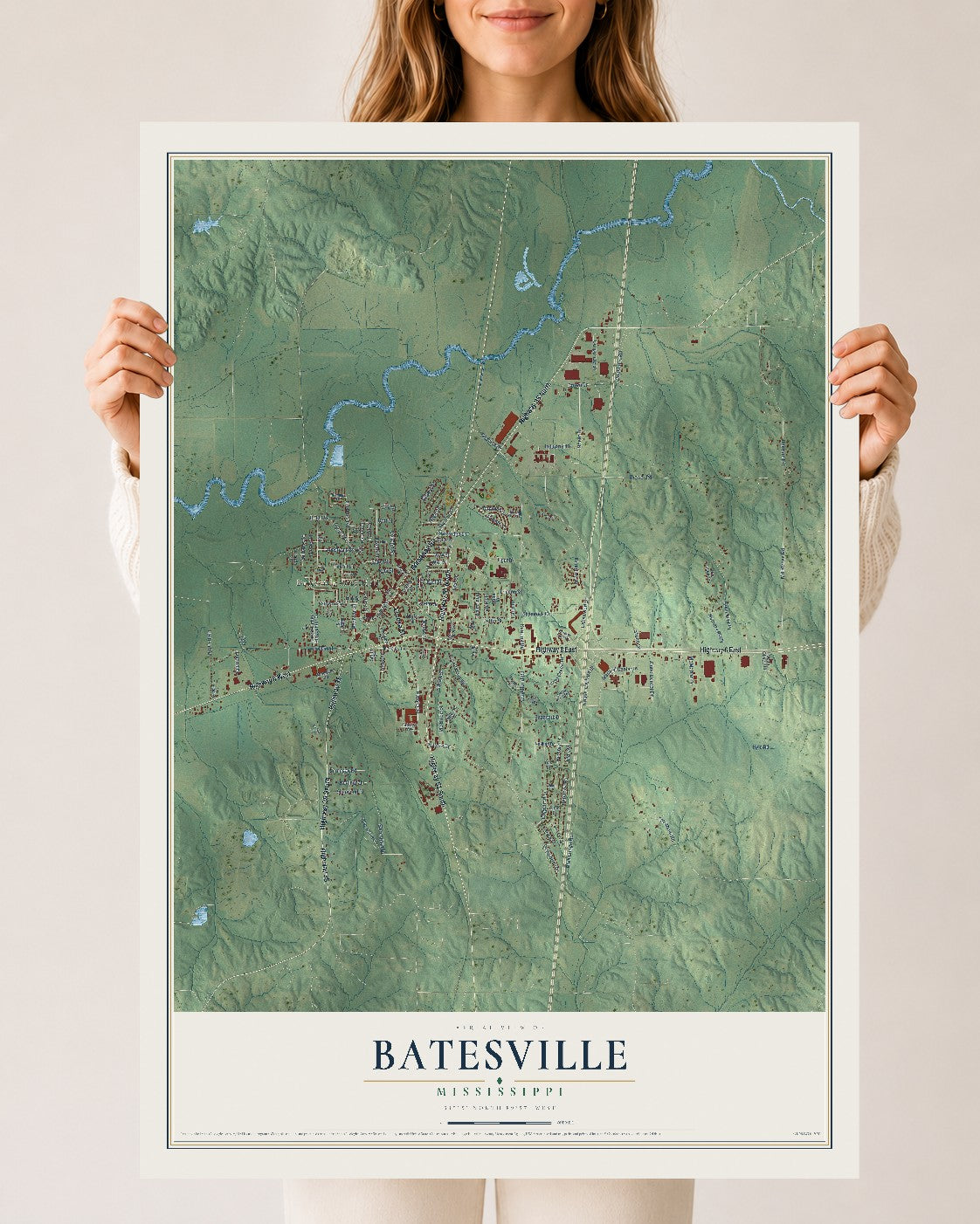 Map of Batesville, Mississippi, 24 x 36 inch unframed archival matte print
