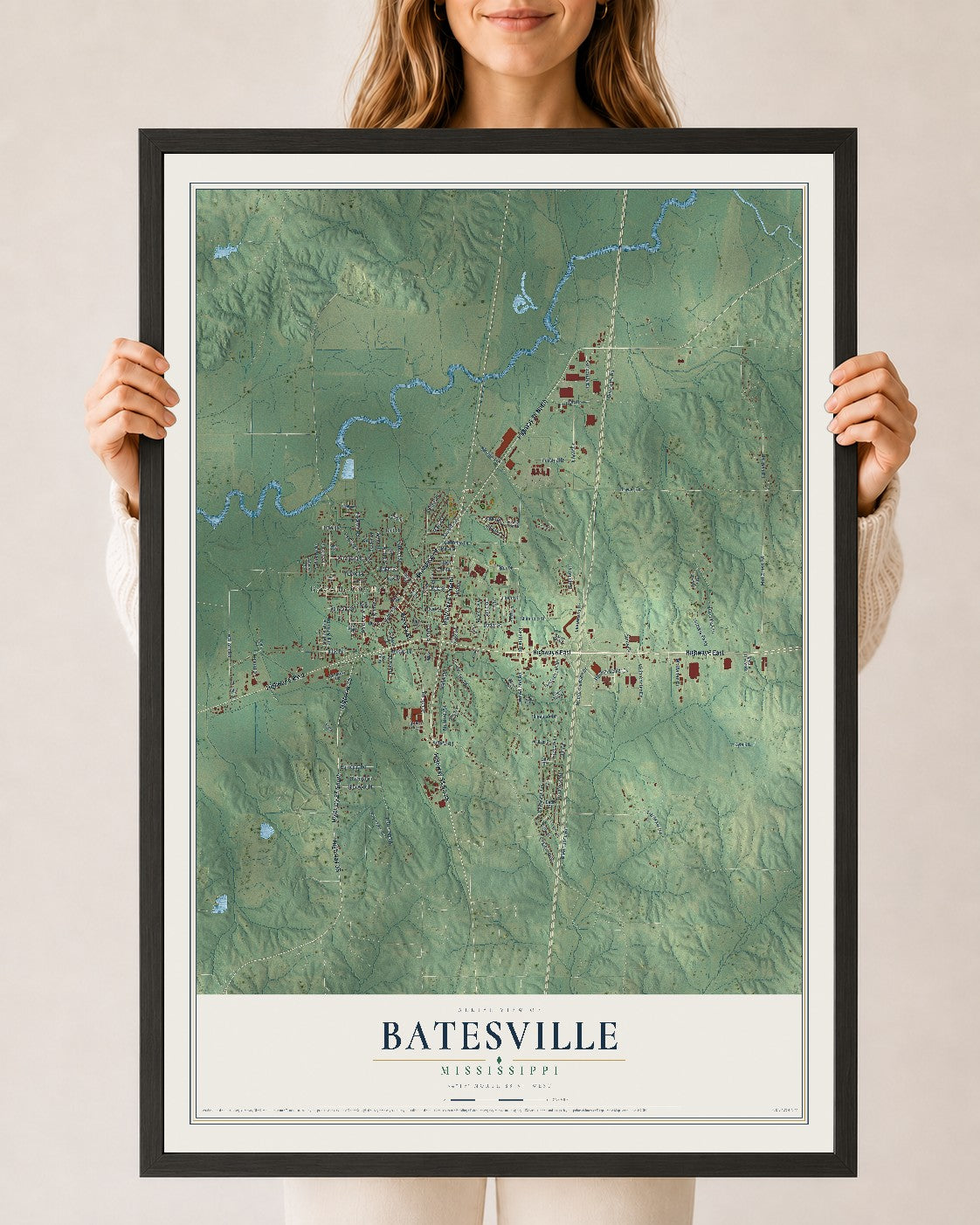 Map of Batesville, Mississippi, 24 x 36 inch print in a black wood frame