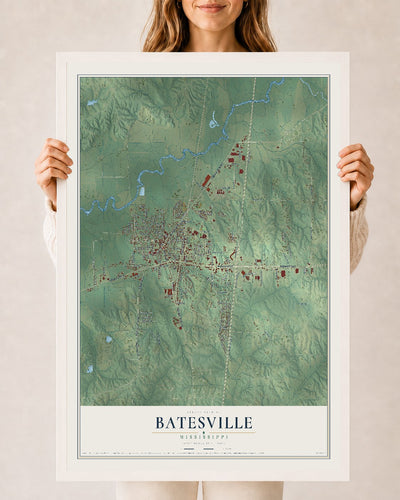 Map of Batesville, Mississippi, 24 x 36 inch print in a white wood frame