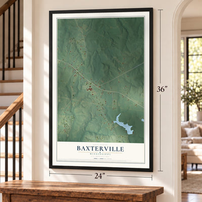 Baxterville, Mississippi map, 24 x 36 inch print in a black frame by a staircase