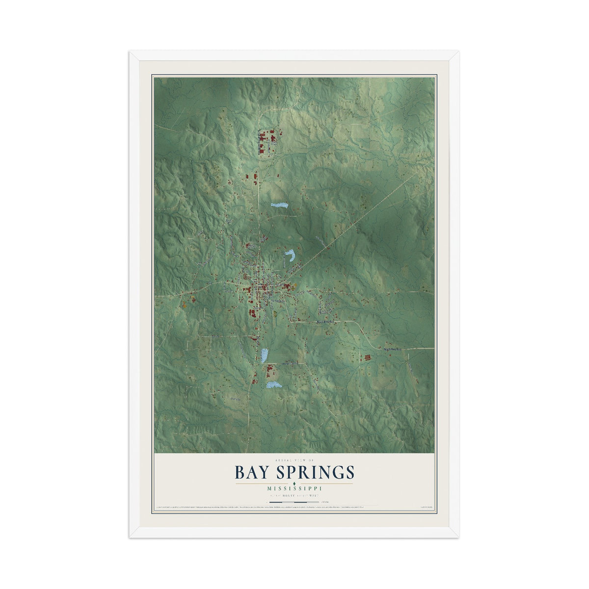 Map of Bay Springs, Mississippi, 12 x 18 inch print in a white wood frame