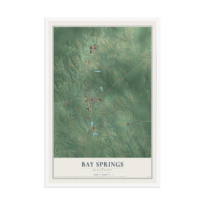 Map of Bay Springs, Mississippi, 12 x 18 inch print in a white wood frame