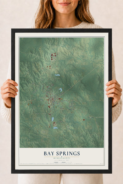 Map of Bay Springs, Mississippi, 18 x 24 inch print in a black wood frame