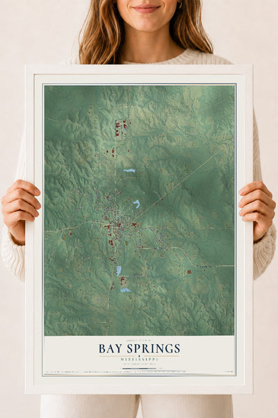Map of Bay Springs, Mississippi, 18 x 24 inch print in a white wood frame