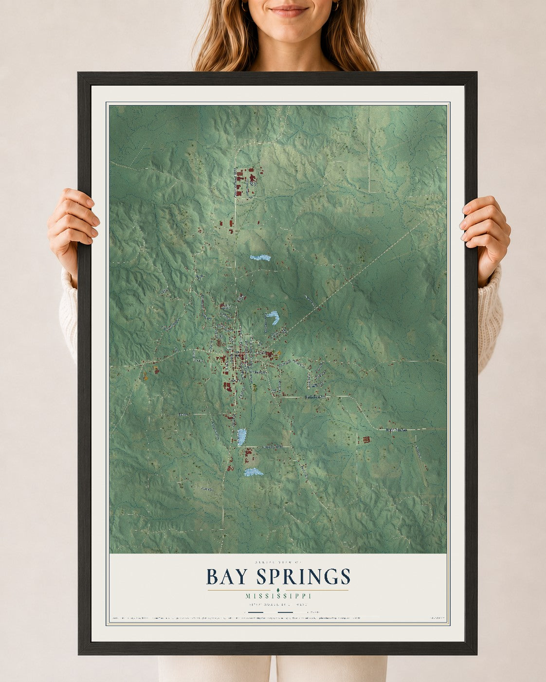 Map of Bay Springs, Mississippi, 24 x 36 inch print in a black wood frame