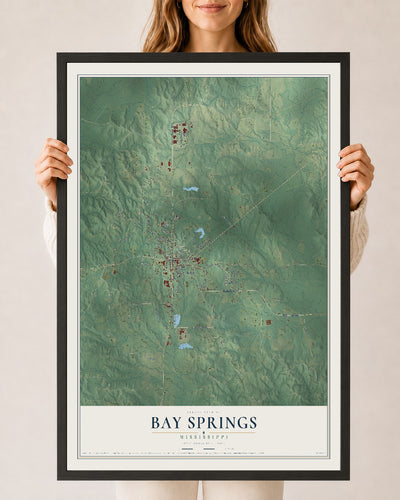 Map of Bay Springs, Mississippi, 24 x 36 inch print in a black wood frame