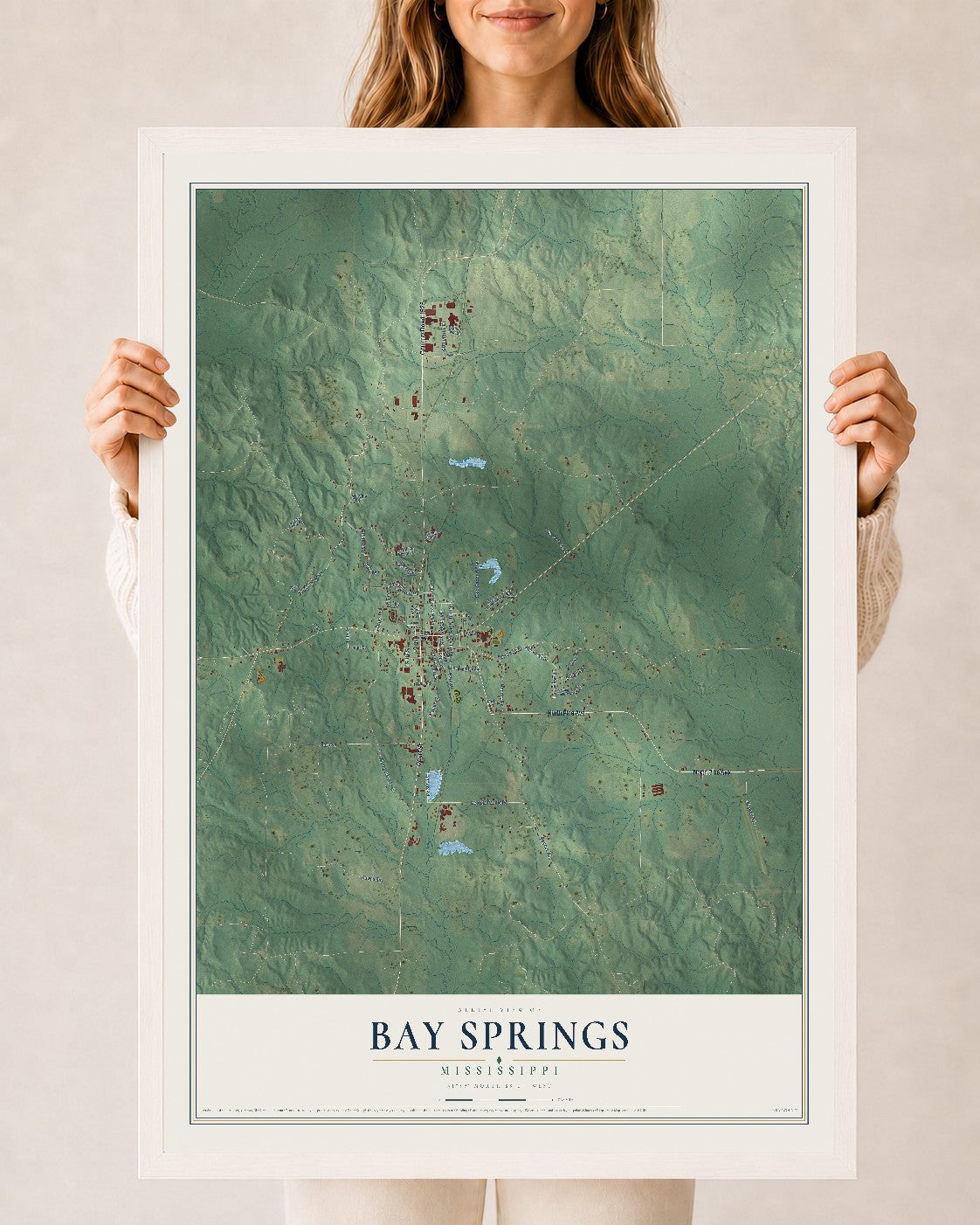 Map of Bay Springs, Mississippi, 24 x 36 inch print in a white wood frame