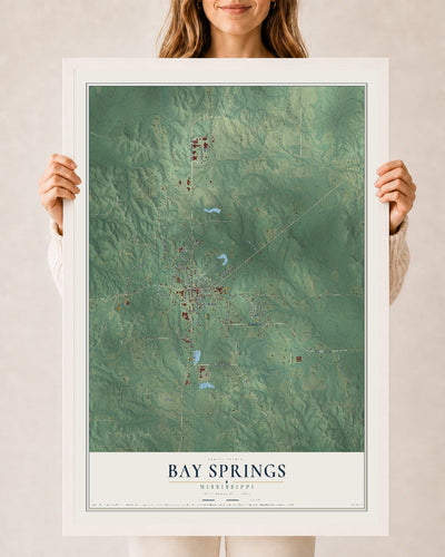 Map of Bay Springs, Mississippi, 24 x 36 inch print in a white wood frame