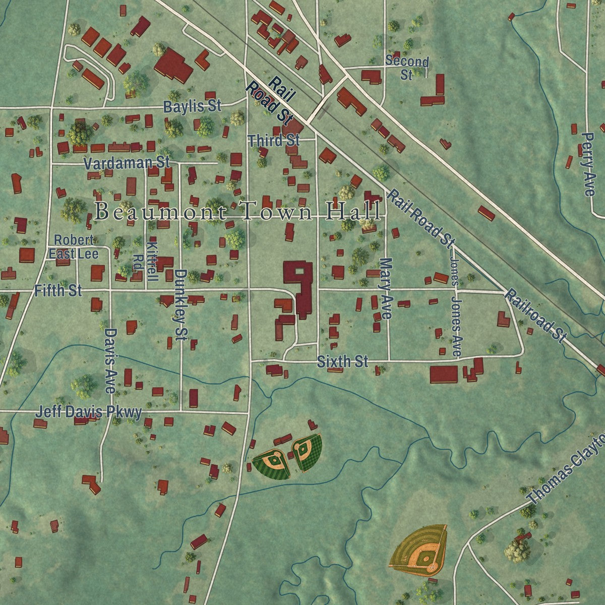 Close-up of the map of Beaumont, Mississippi print showing street and building detail
