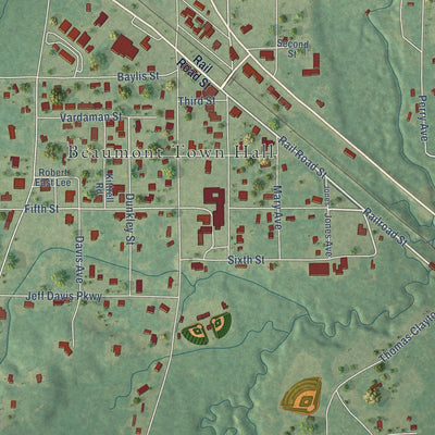 Close-up of the map of Beaumont, Mississippi print showing street and building detail
