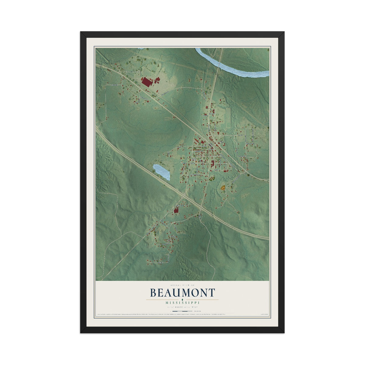 Map of Beaumont, Mississippi, 12 x 18 inch print in a black wood frame