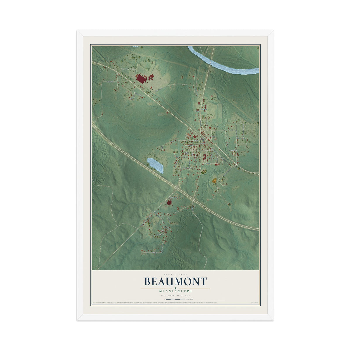 Map of Beaumont, Mississippi, 12 x 18 inch print in a white wood frame