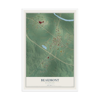 Map of Beaumont, Mississippi, 12 x 18 inch print in a white wood frame