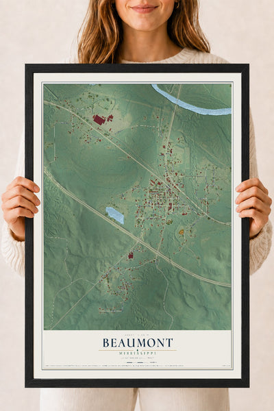 Map of Beaumont, Mississippi, 18 x 24 inch print in a black wood frame