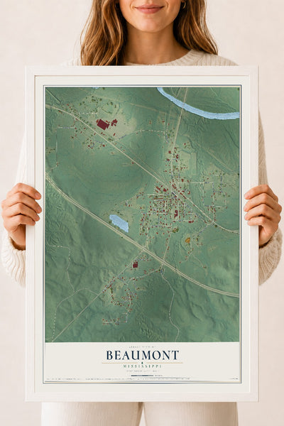 Map of Beaumont, Mississippi, 18 x 24 inch print in a white wood frame