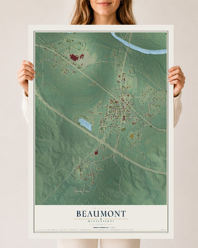 Map of Beaumont, Mississippi, 24 x 36 inch unframed archival matte print