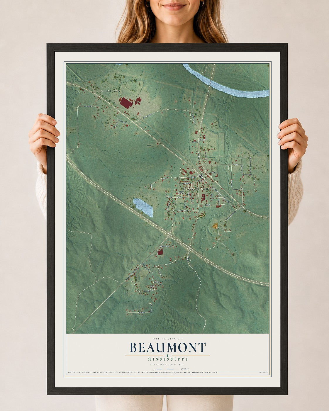 Map of Beaumont, Mississippi, 24 x 36 inch print in a black wood frame