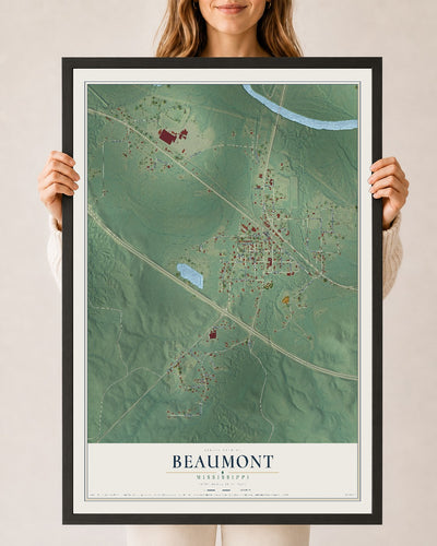 Map of Beaumont, Mississippi, 24 x 36 inch print in a black wood frame
