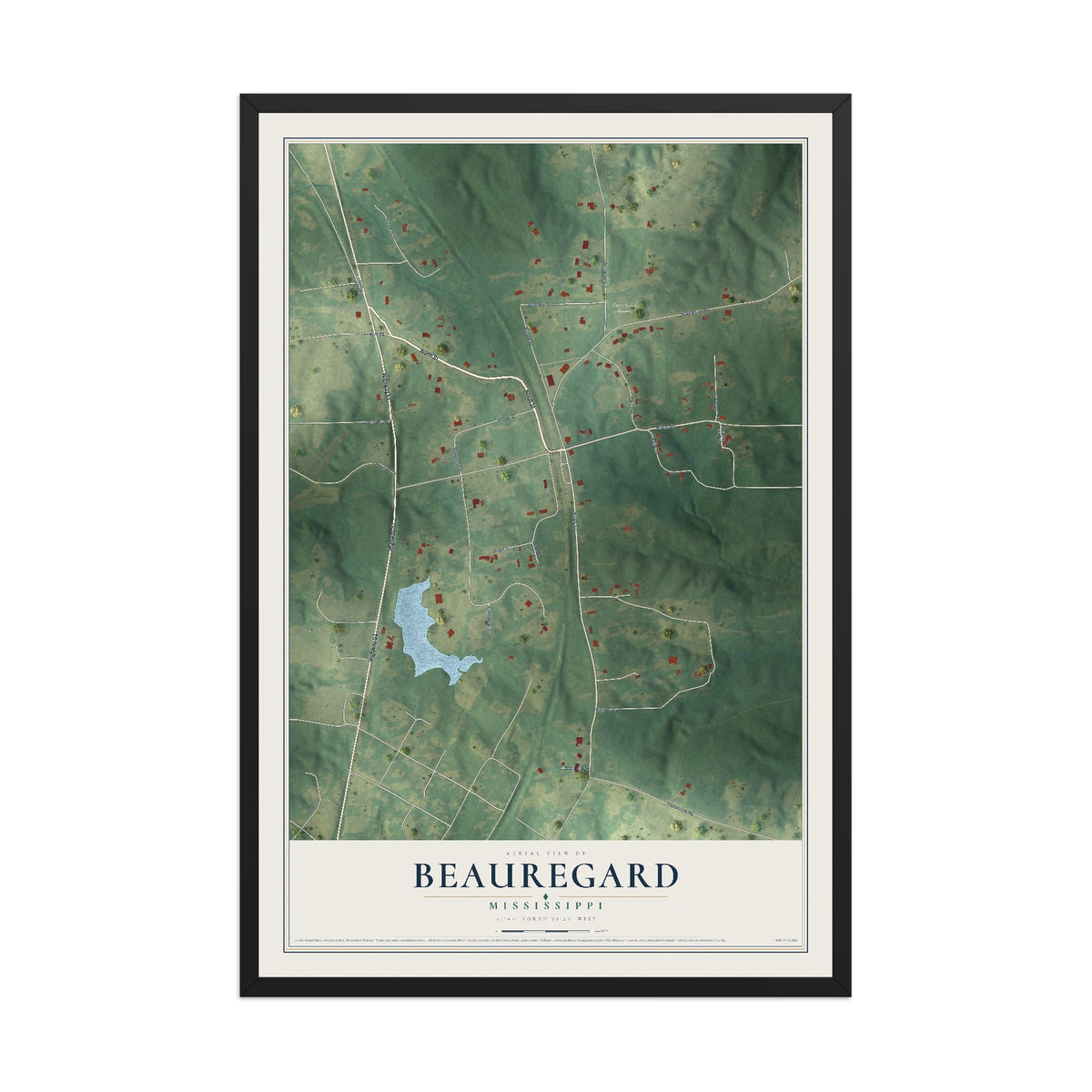 Map of Beauregard, Mississippi, 12 x 18 inch print in a black wood frame