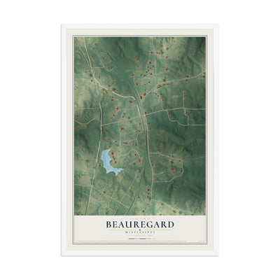 Map of Beauregard, Mississippi, 12 x 18 inch print in a white wood frame
