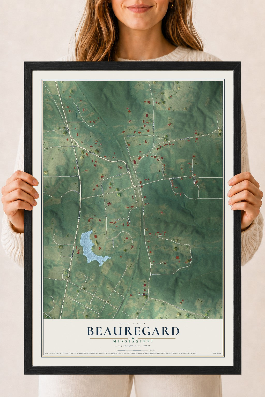 Map of Beauregard, Mississippi, 18 x 24 inch print in a black wood frame