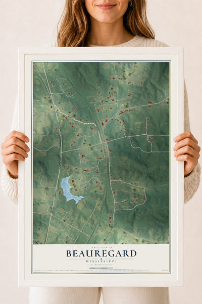 Map of Beauregard, Mississippi, 18 x 24 inch print in a white wood frame