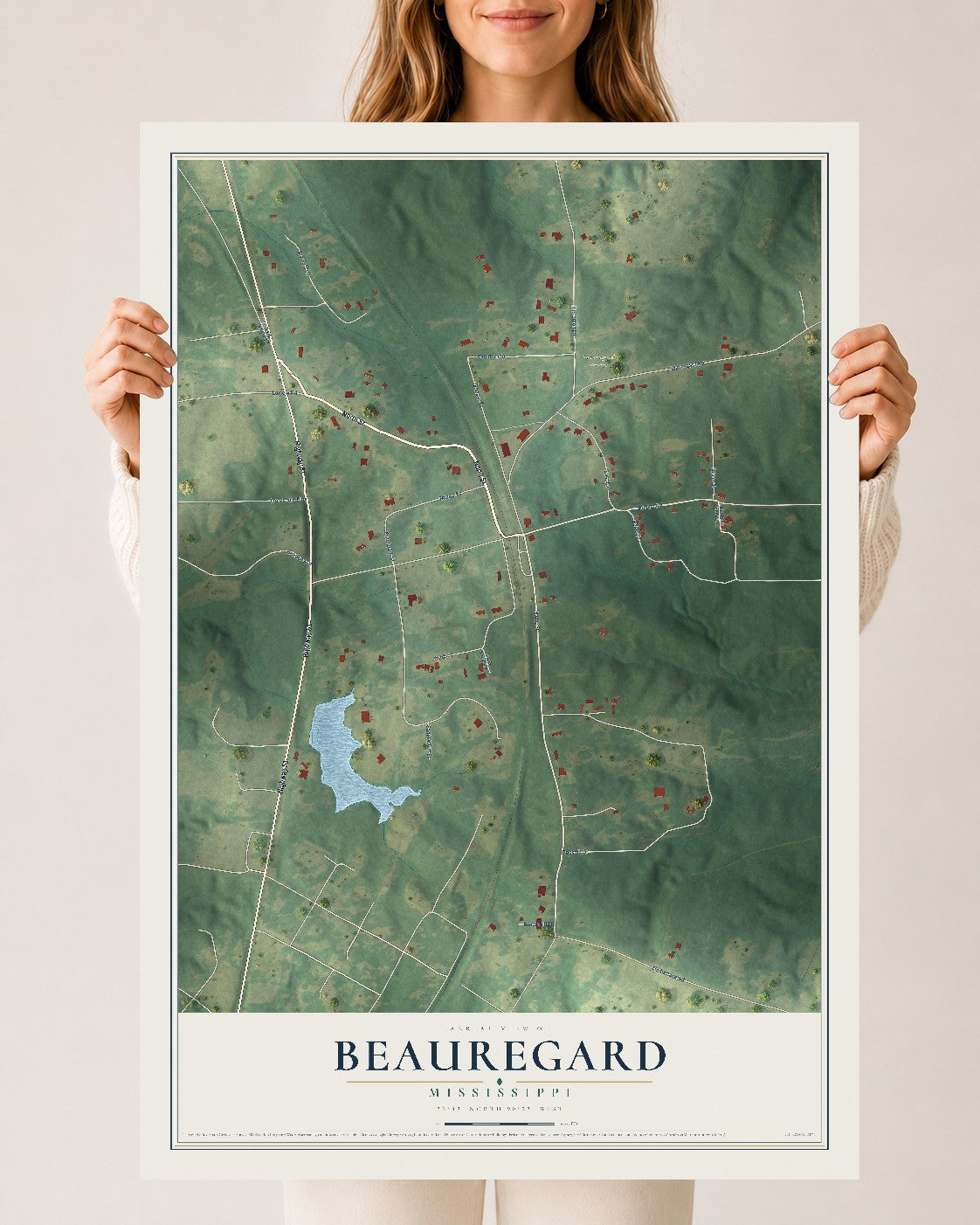 Map of Beauregard, Mississippi, 24 x 36 inch unframed archival matte print