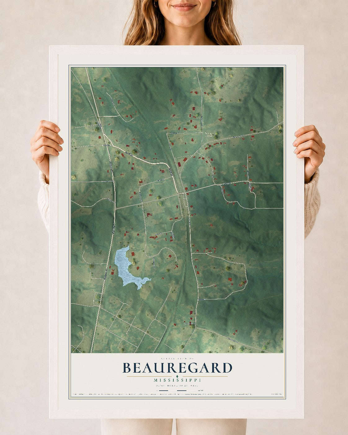 Map of Beauregard, Mississippi, 24 x 36 inch print in a white wood frame