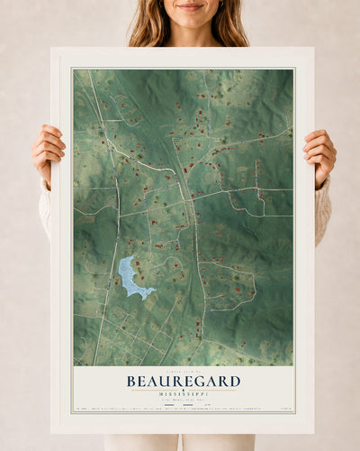 Map of Beauregard, Mississippi, 24 x 36 inch print in a white wood frame
