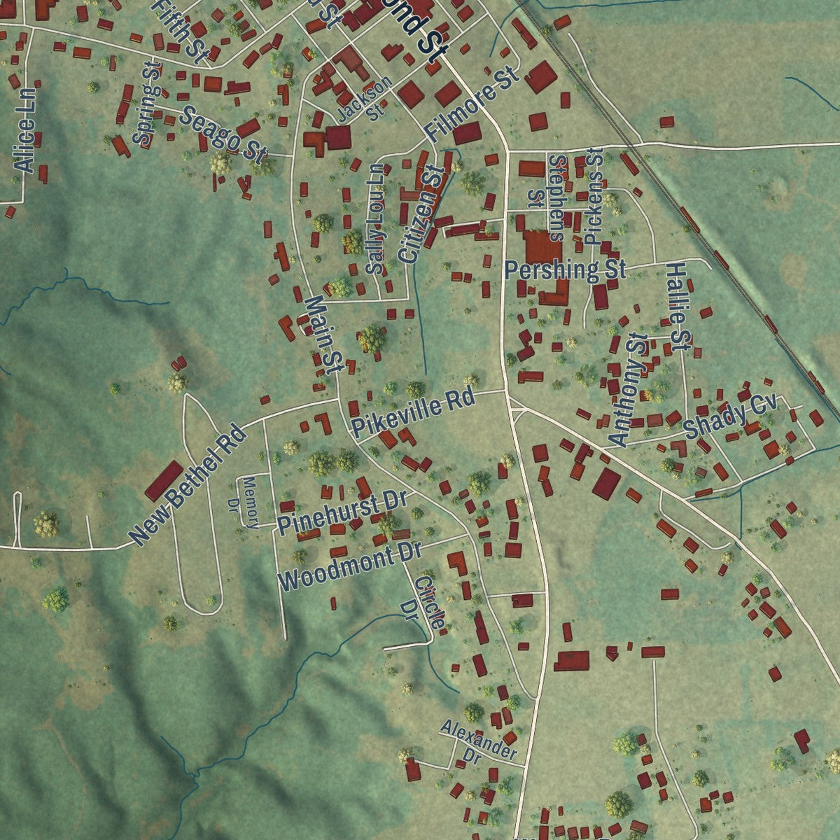 Close-up of the map of Belmont, Mississippi print showing street and building detail