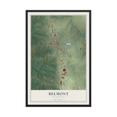 Map of Belmont, Mississippi, 12 x 18 inch print in a black wood frame