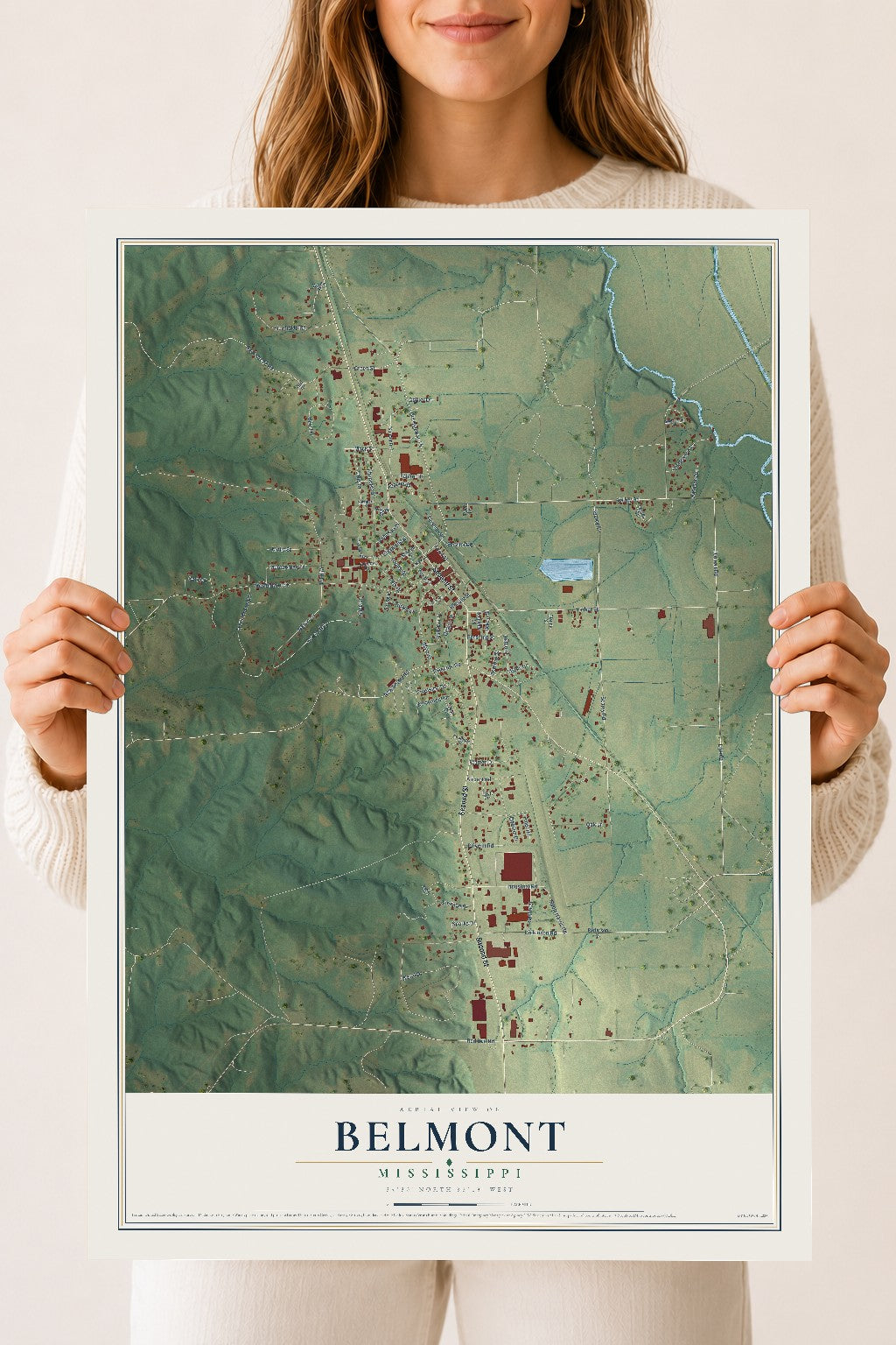 Map of Belmont, Mississippi, 18 x 24 inch unframed archival matte print