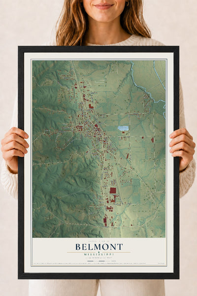 Map of Belmont, Mississippi, 18 x 24 inch print in a black wood frame