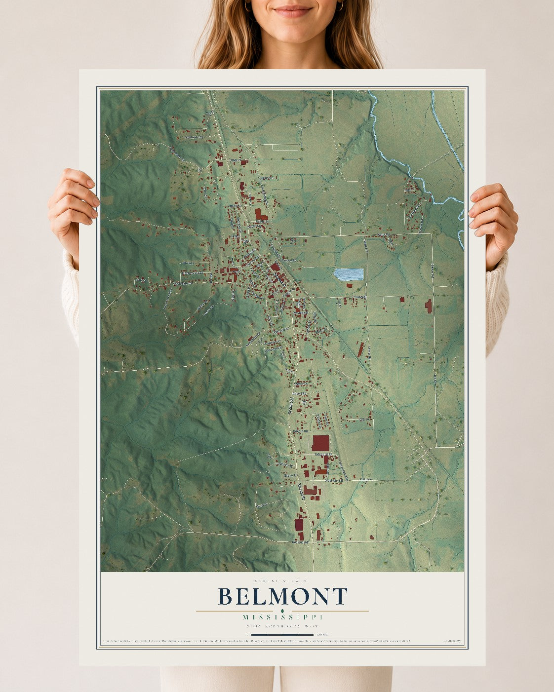 Map of Belmont, Mississippi, 24 x 36 inch unframed archival matte print