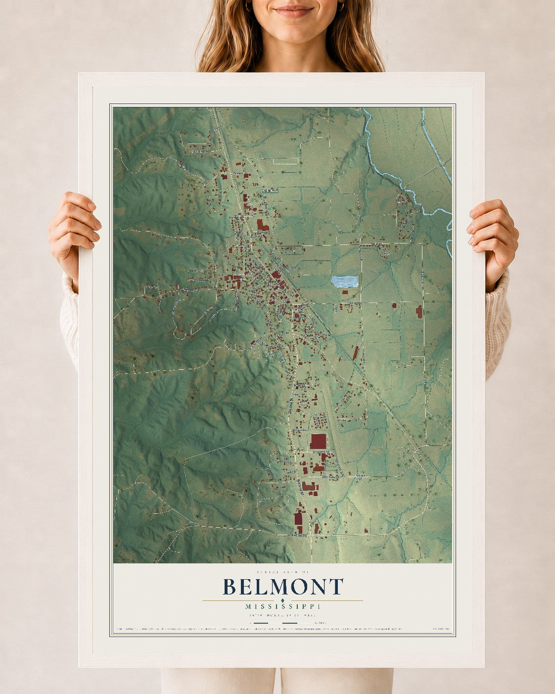 Map of Belmont, Mississippi, 24 x 36 inch print in a white wood frame