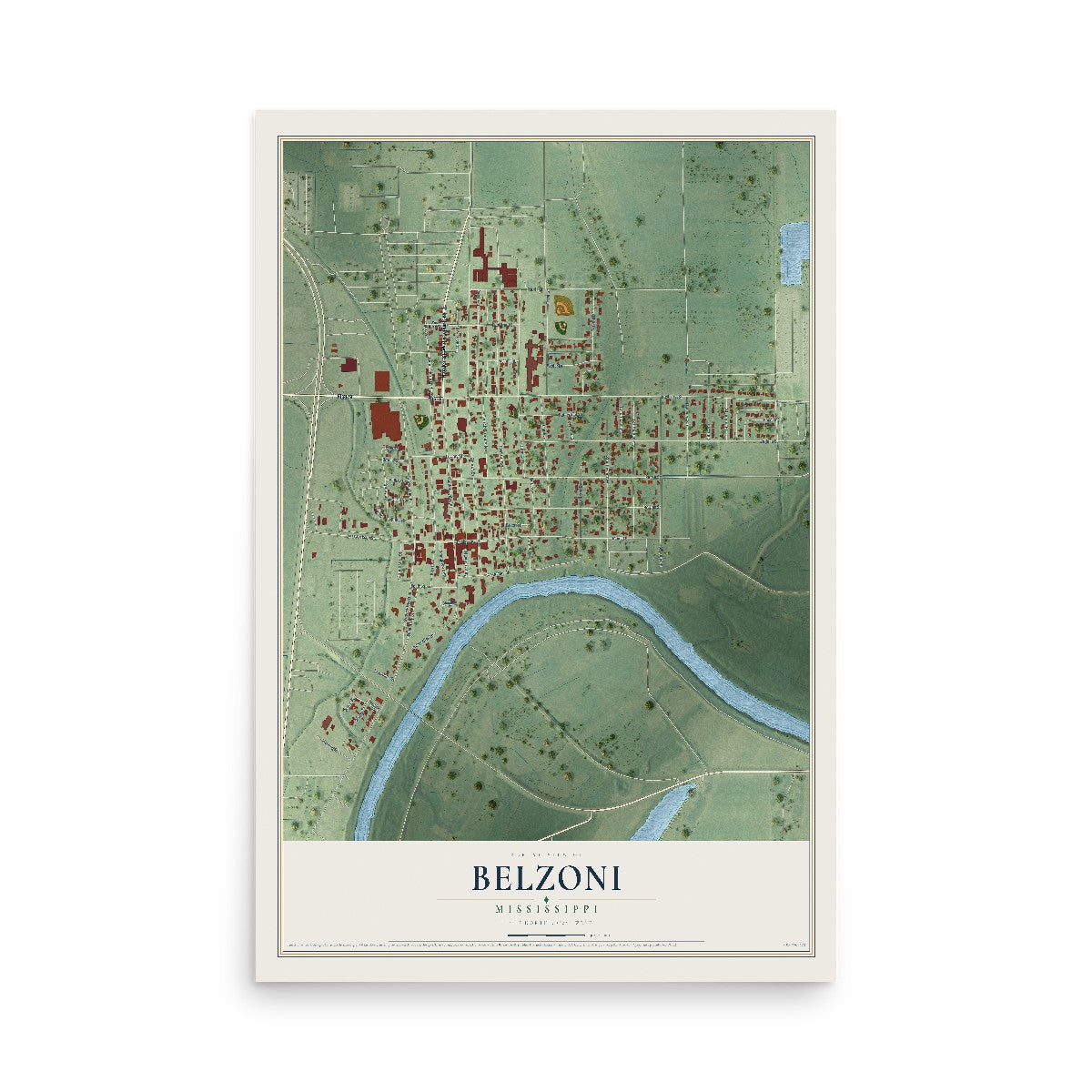 Map of Belzoni, Mississippi, 12 x 18 inch unframed archival matte print