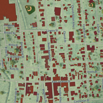 Close-up of the map of Belzoni, Mississippi print showing street and building detail