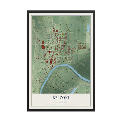 Map of Belzoni, Mississippi, 12 x 18 inch print in a black wood frame