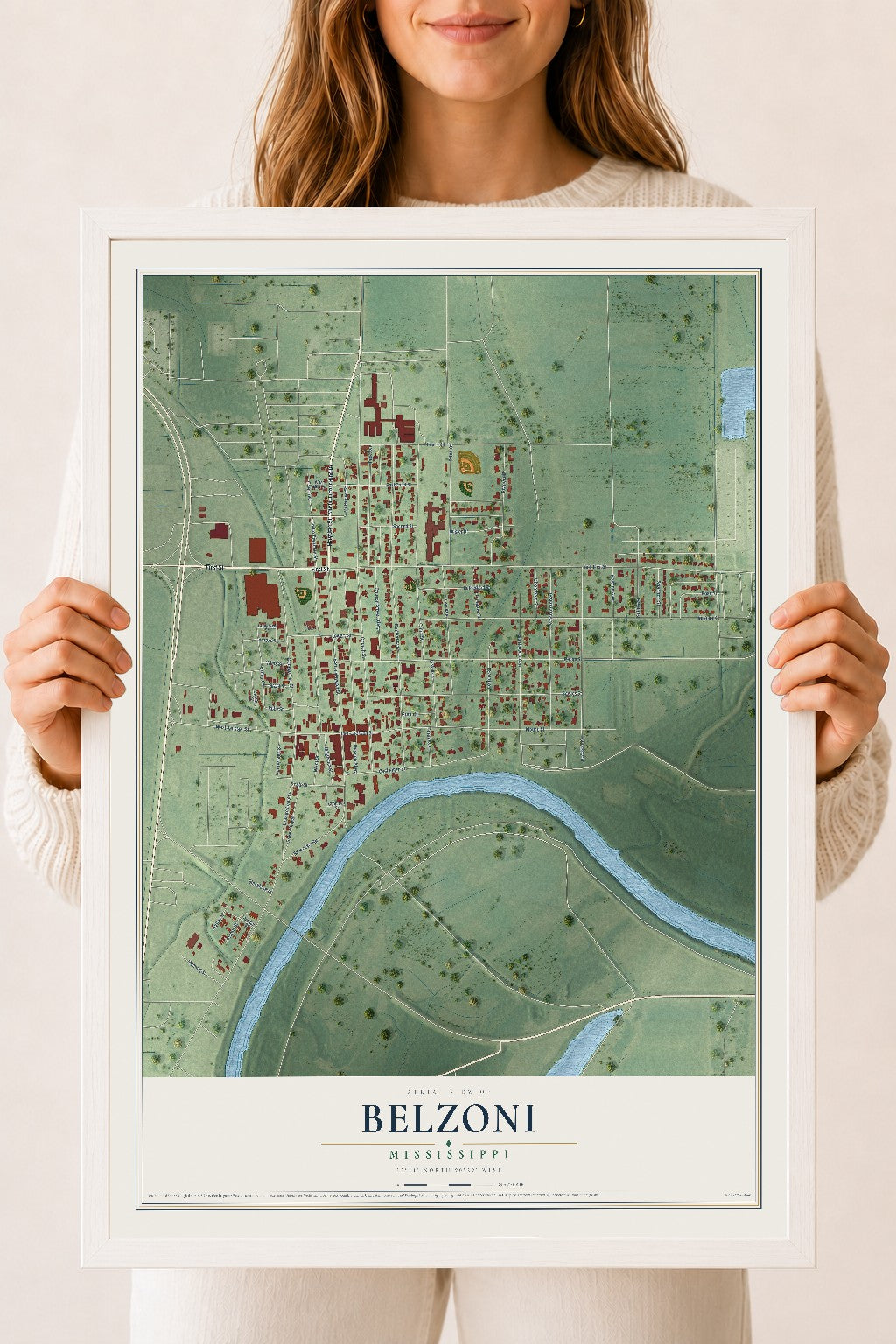 Map of Belzoni, Mississippi, 18 x 24 inch print in a white wood frame
